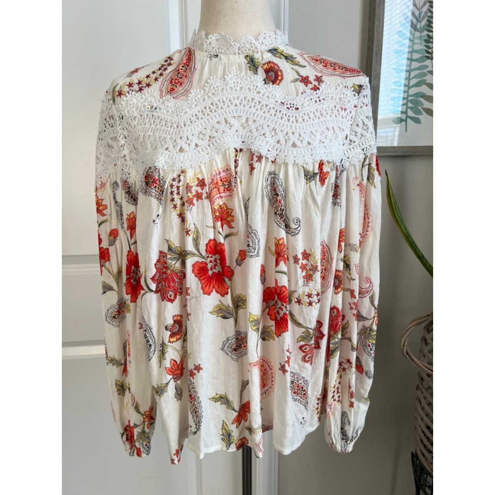 Fate Cream Floral Crochet Yoke Blouse with Red Accents